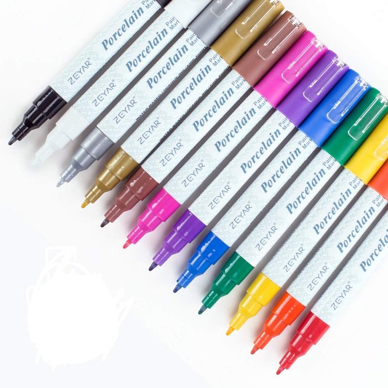 ZEYAR Acrylic Paint Pens for Porcelain, Professional Ceramic Drawing, 12 colors Water-based, Fine Point, Water and Fade Resistant, DIY on Mugs and other Ceramics for Permanent Collection - Image 1